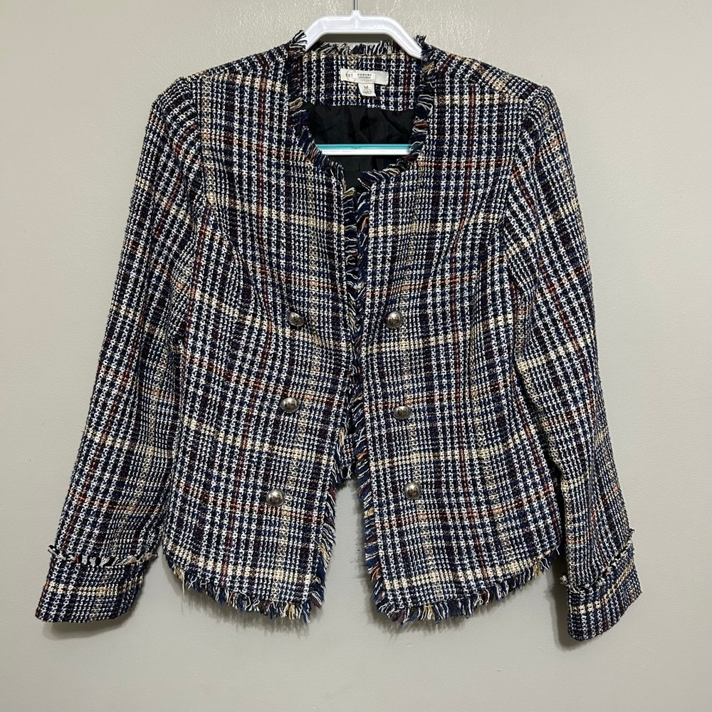 Cato Women's Blazer M Black White Plaid Multicolor Fringe Double Breasted Jacket